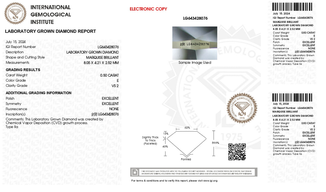 IGI Certified 0.50 CT Marquise Cut Lab-Grown Diamond - VS2 Clarity, E Color