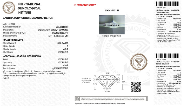 IGI Certified 0.50 Carat Round Lab-Grown Diamond - E Color, VVS2 Clarity, Excellent Cut