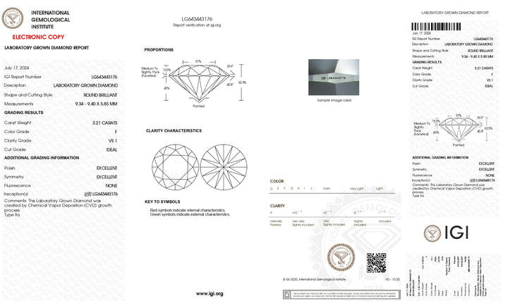 IGI Certified 3.21 CT Round Cut Lab-Grown Diamond - F Color, VS1 Clarity