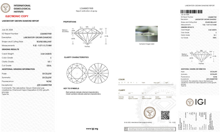 IGI Certified 3.04 CT Round Lab-Grown Diamond - E Color, VS1 Clarity, Ideal Cut