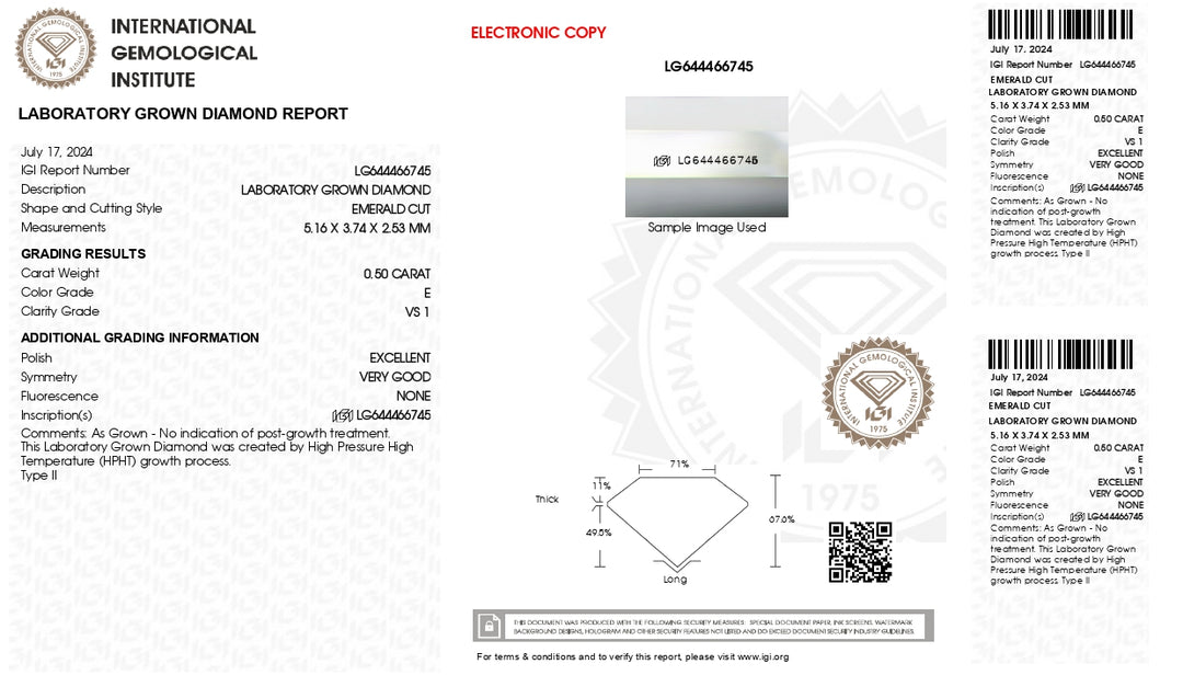 IGI Certified 0.50 CT Emerald Cut Lab-Grown Diamond - E Color, VS1 Clarity, Superior Cut & Polish