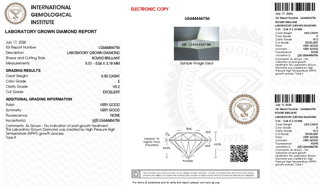 IGI Certified 0.50 CT Round Cut Lab-Grown Diamond - E Color, VS2 Clarity, Excellent Cut