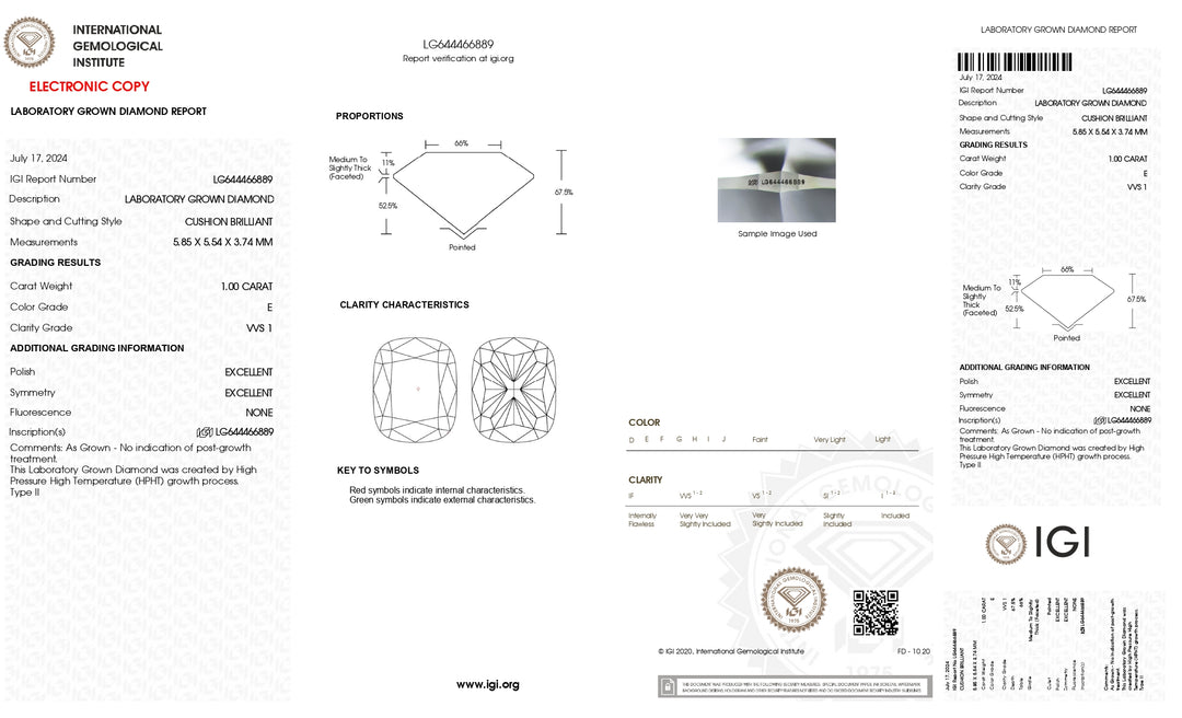 IGI Certified 1.00 CT Cushion Lab-Grown Diamond - E Color, VVS1 Clarity, Excellent Cut & Polish