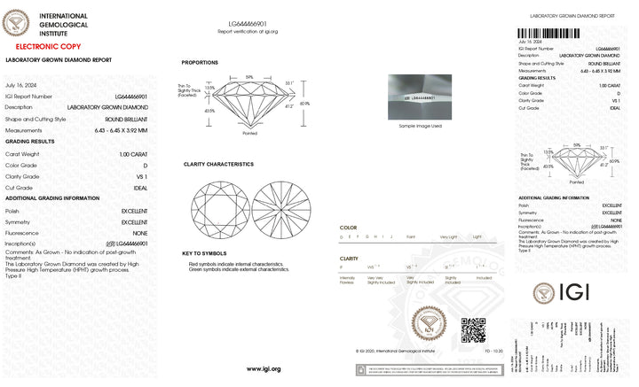 1.00 CT Round Cut Lab-Grown Diamond - IGI Certified, D Color, VS2 Clarity, Excellent Cut & Polish