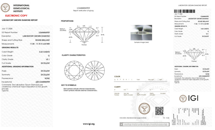 Diamante cultivado en laboratorio de talla redonda con certificación IGI de 5,02 quilates: claridad VS1, color G