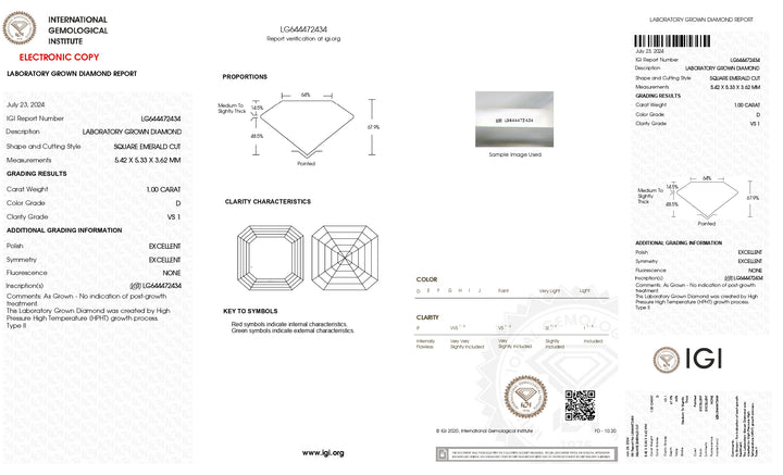 IGI Certified 1.00 CT Square Emerald Cut Lab-Grown Diamond - VS1 Clarity, D Color
