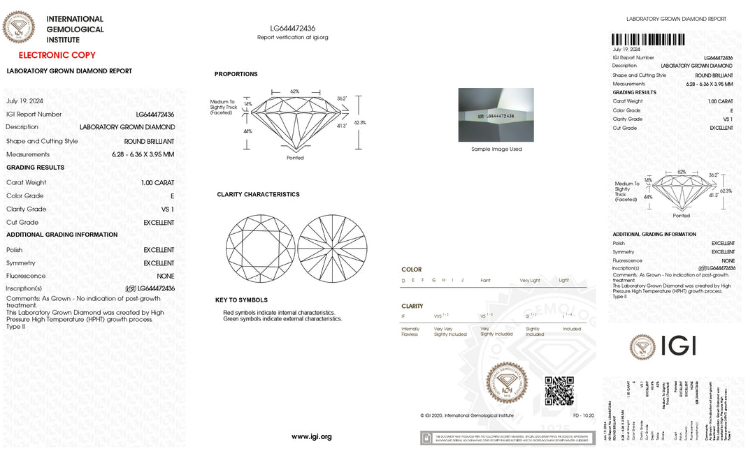 Diamant rond cultivé en laboratoire certifié IGI de 1,00 ct - Couleur E, pureté VS1, excellente taille