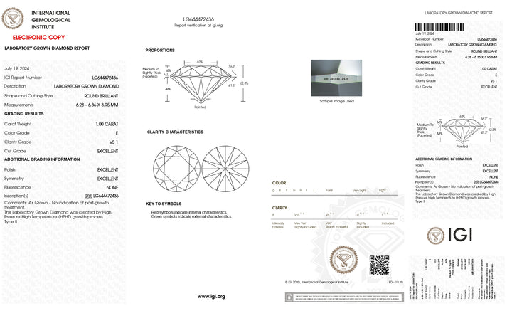 Diamant rond cultivé en laboratoire certifié IGI de 1,00 ct - Couleur E, pureté VS1, excellente taille