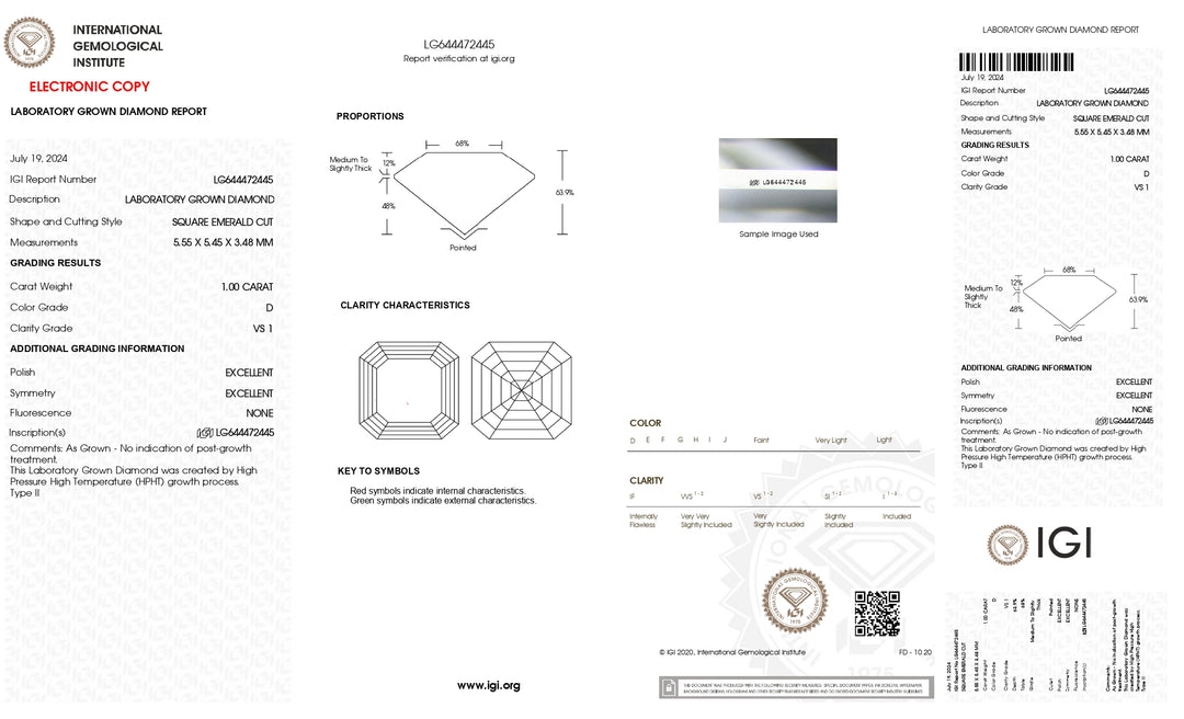 Diamant de laboratoire à taille émeraude carrée de 1,00 ct certifié IGI - Couleur D, pureté VS1