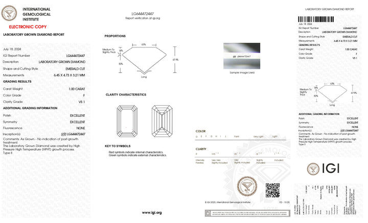 1.00 CT F Color Emerald Cut Lab-Grown Diamond - IGI Certified, VS1 Clarity