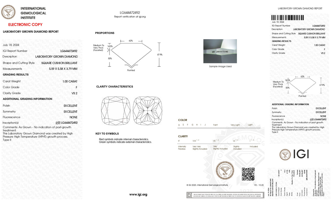 IGI Certified 1.00 CT Cushion Lab-Grown Diamond - F Color, VS2 Clarity, Excellent Cut & Polish