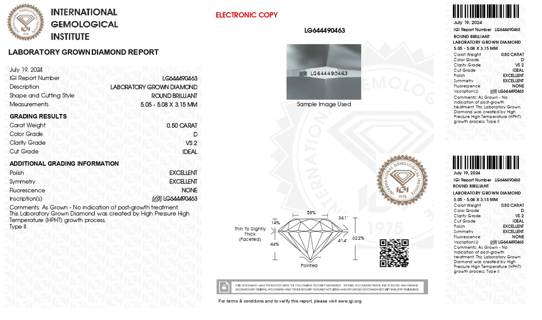 IGI Certified 0.50 CT Round Cut Lab-Grown Diamond - D Color, VS2 Clarity, Ideal Cut