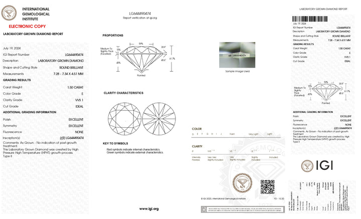 1.50 CT Round Cut Lab-Grown Diamond - IGI Certified, E Color, VVS1 Clarity