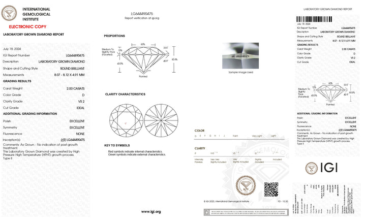 IGI Certified 2.00 Carat Round Cut Lab-Grown Diamond - VS2 Clarity, D Color