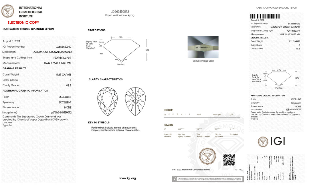 IGI Certified 5.21 CT Pear Cut Lab-Grown Diamond – VS1 Clarity, F Color, Exquisite Brilliance