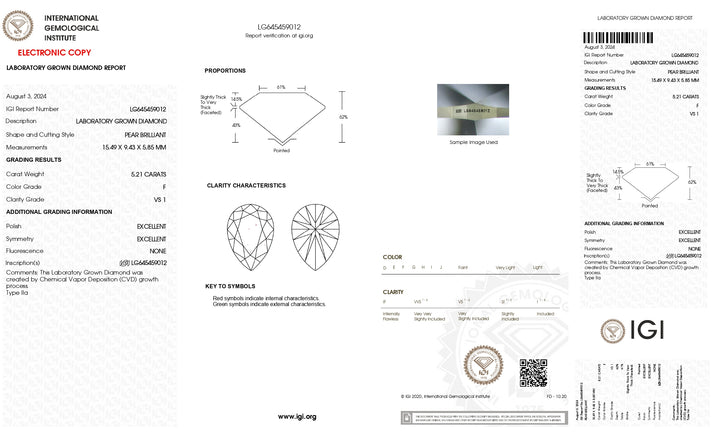 IGI Certified 5.21 CT Pear Cut Lab-Grown Diamond – VS1 Clarity, F Color, Exquisite Brilliance