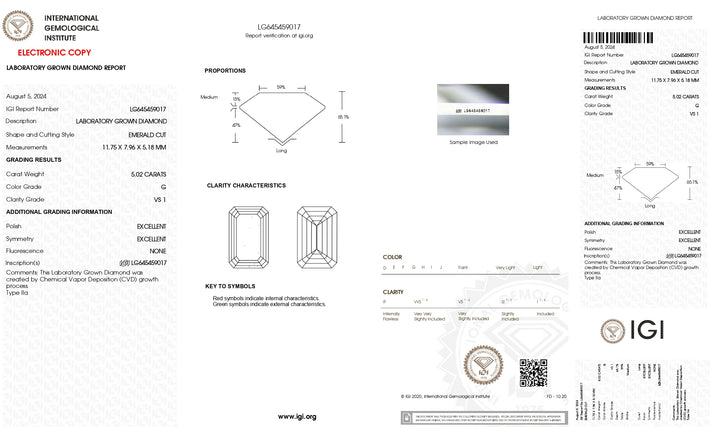 IGI Certified 5.02 CT Emerald Cut Lab-Grown Diamond - G Color, VS1 Clarity, Exceptional Cut