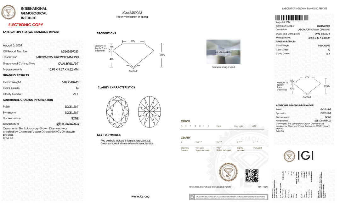 Diamant de laboratoire à taille ovale certifié IGI de 5,02 ct – pureté VS1, couleur G, éclat exceptionnel