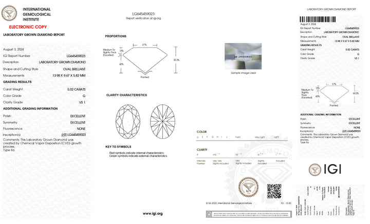 Diamant de laboratoire à taille ovale certifié IGI de 5,02 ct – pureté VS1, couleur G, éclat exceptionnel