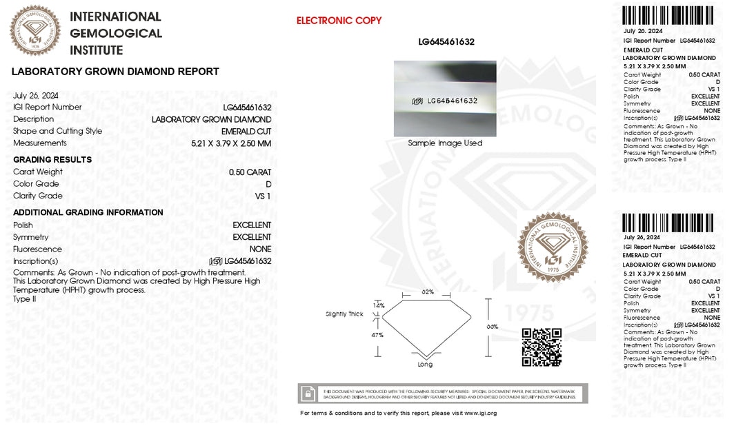 IGI Certified 0.50 CT Emerald Cut Lab-Grown Diamond - D Color, VS1 Clarity, Exceptional Cut & Polish