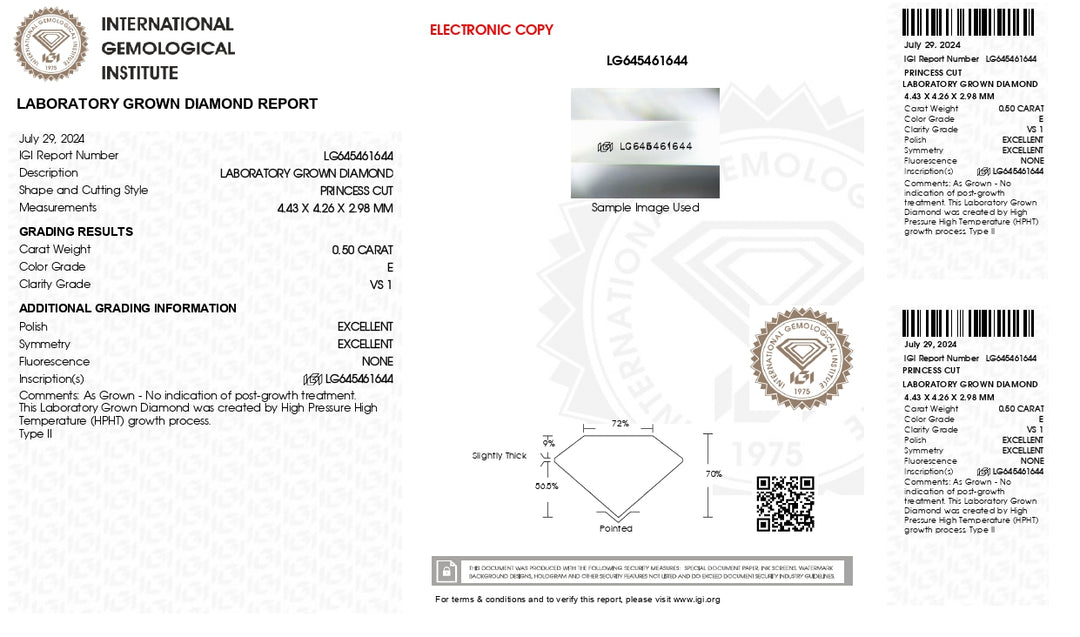 IGI Certified 0.50 CT Princess Cut Lab-Grown Diamond - VS1 Clarity, E Color