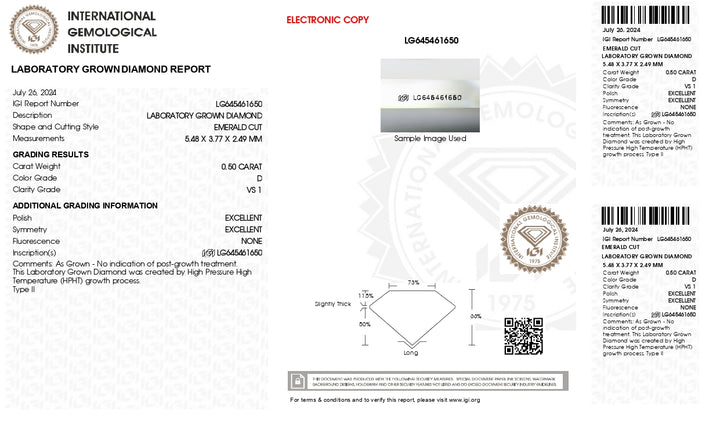 IGI Certified 0.50 CT Emerald Cut Lab-Grown Diamond - D Color, VS1 Clarity, Excellent Cut & Polish