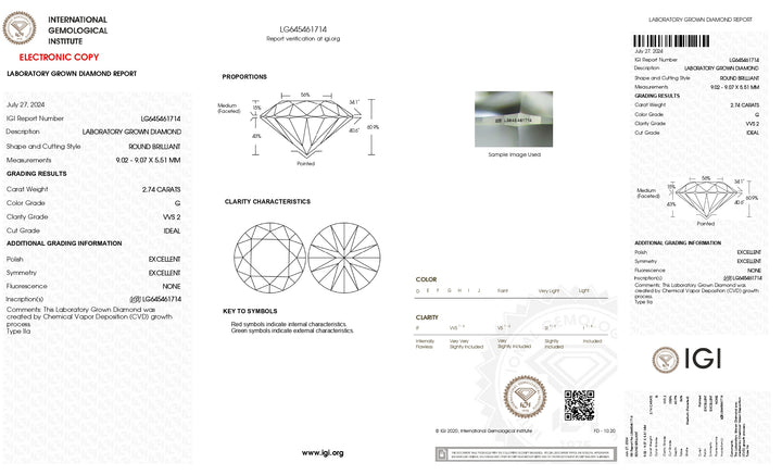 IGI Certified 2.74 CT Round Lab-Grown Diamond - G Color, VVS2 Clarity, Ideal Cut