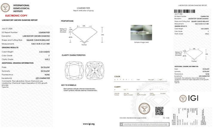 IGI Certified 3.03 CT Cushion-Cut Lab-Grown Diamond - VVS2 Clarity, F Color