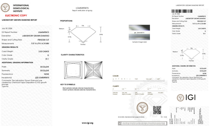 IGI Certified 2.00 CT Princess Cut Lab-Grown Diamond - VS1 Clarity, G Color
