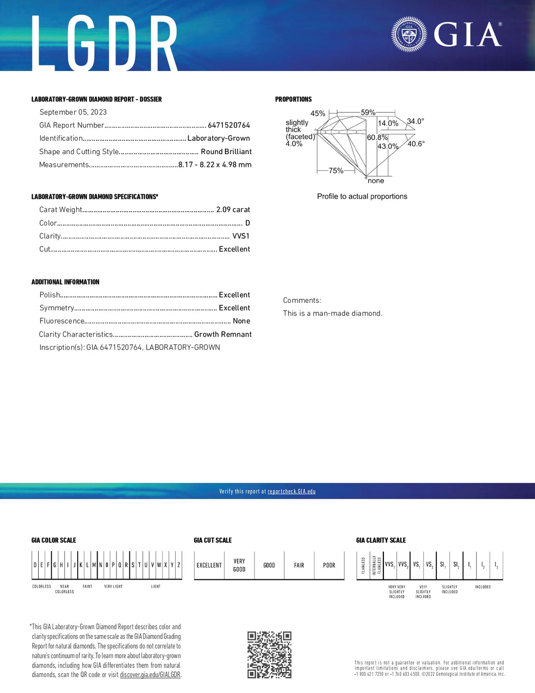 Diamant cultivé en laboratoire, taille ronde, certifié GIA, 2,09 ct, clarté VVS1, couleur D