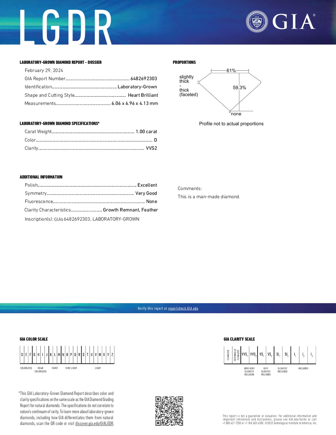 Diamant cultivé en laboratoire taille cœur 1,00 CT - Couleur VVS2 D certifiée GIA