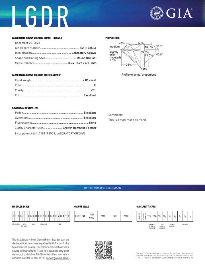 Diamant cultivé en laboratoire certifié GIA 2,06 CT taille ronde - Clarté VS1, couleur E, excellente coupe