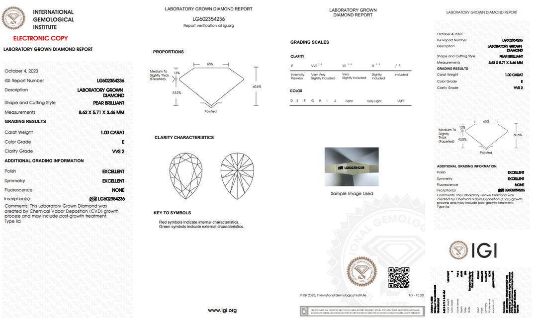 IGI CERTIFIED 1.00 CT PEAR-SHAPED LAB-GROWN DIAMOND | VVS2 CLARITY | E COLOR