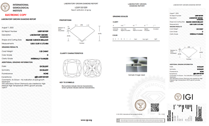 IGI CERTIFIED 1.02 CT CUSHION CUT LAB-GROWN DIAMOND, INTERNALLY FLAWLESS (IF), D COLOR