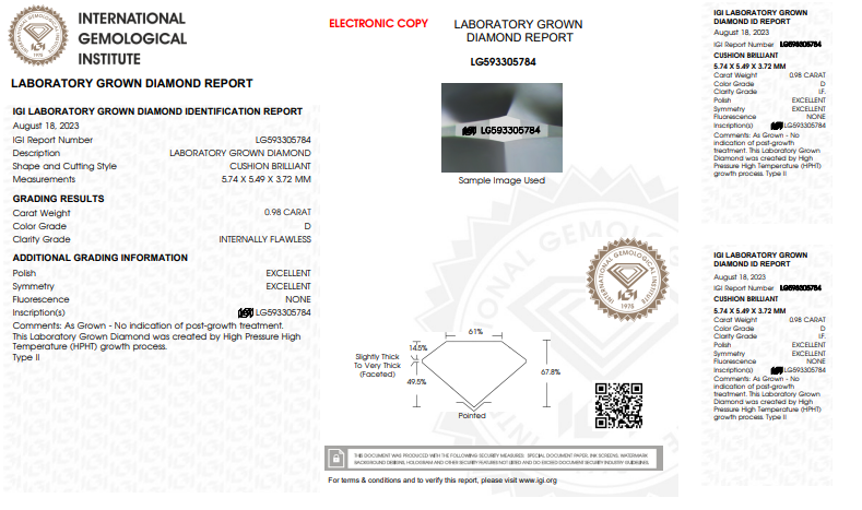 IGI CERTIFIED 0.98 CT CUSHION CUT LAB-GROWN DIAMOND, INTERNALLY FLAWLESS, D COLOR