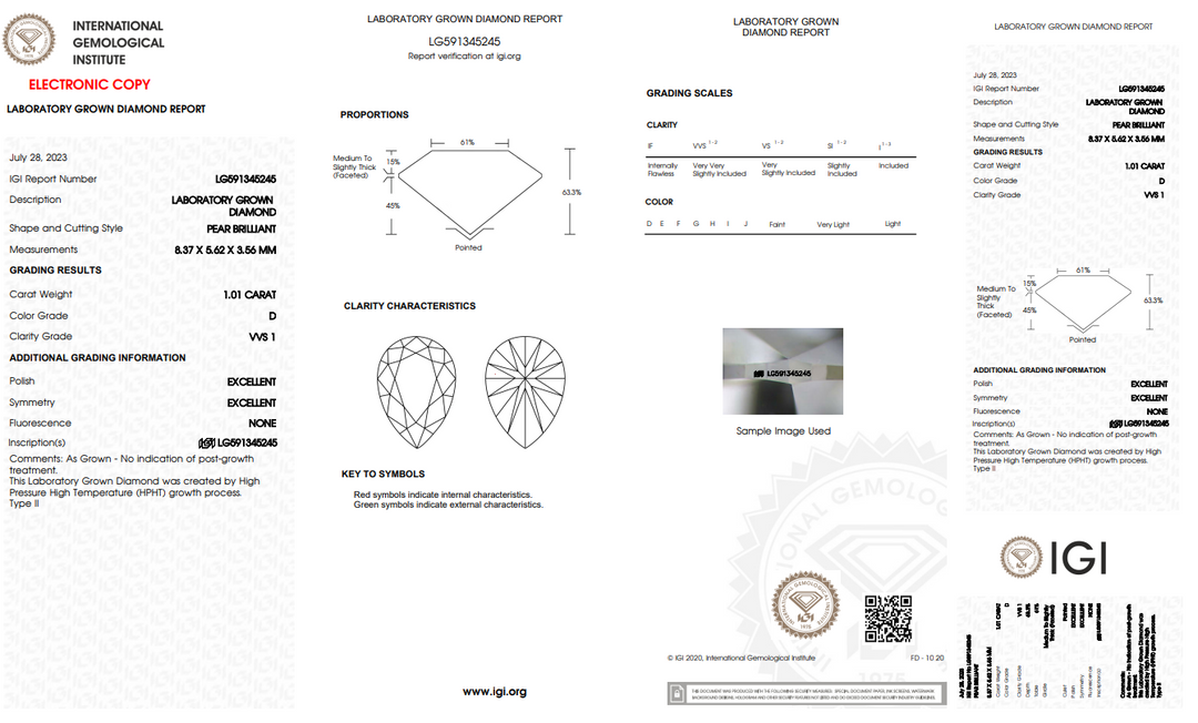 DIAMANTE CULTIVADO EN LABORATORIO EN FORMA DE PERA DE 1,01 CT CON CERTIFICACIÓN IGI - COLOR VVS1/D