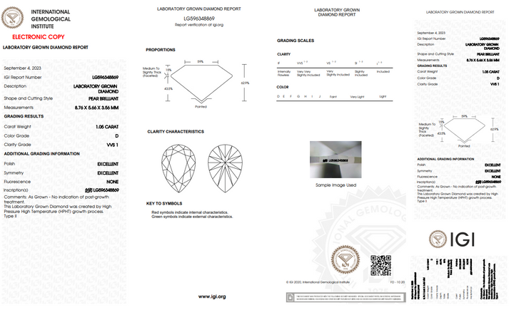 DIAMANT CULTIVÉ EN LABORATOIRE EN FORME DE POIRE DE 1,05 CT CERTIFIÉ IGI - COULEUR VVS1/D