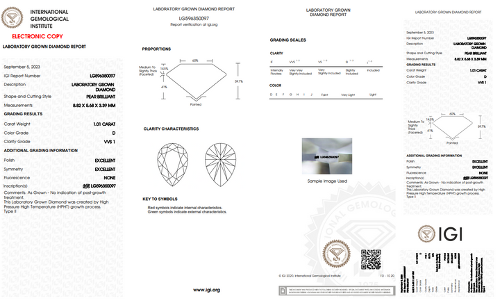 IGI CERTIFIED 1.01 CT PEAR-SHAPED LAB GROWN DIAMOND, VVS1 CLARITY, D COLOR