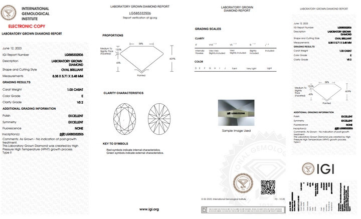 IGI CERTIFIED 1.03 CT OVAL LAB-GROWN DIAMOND, VS2 CLARITY