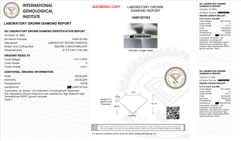 DIAMANTE CULTIVADO EN LABORATORIO DE 0,97 CT, TALLA CUSHION, CLARIDAD VVS1, COLOR D, CERTIFICADO IGI