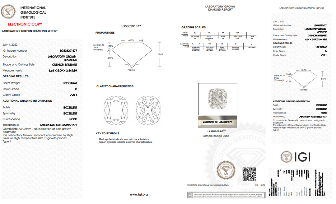 IGI CERTIFIED 1.02 CT LONG CUSHION CUT LAB GROWN DIAMOND - VVS1/D COLOR