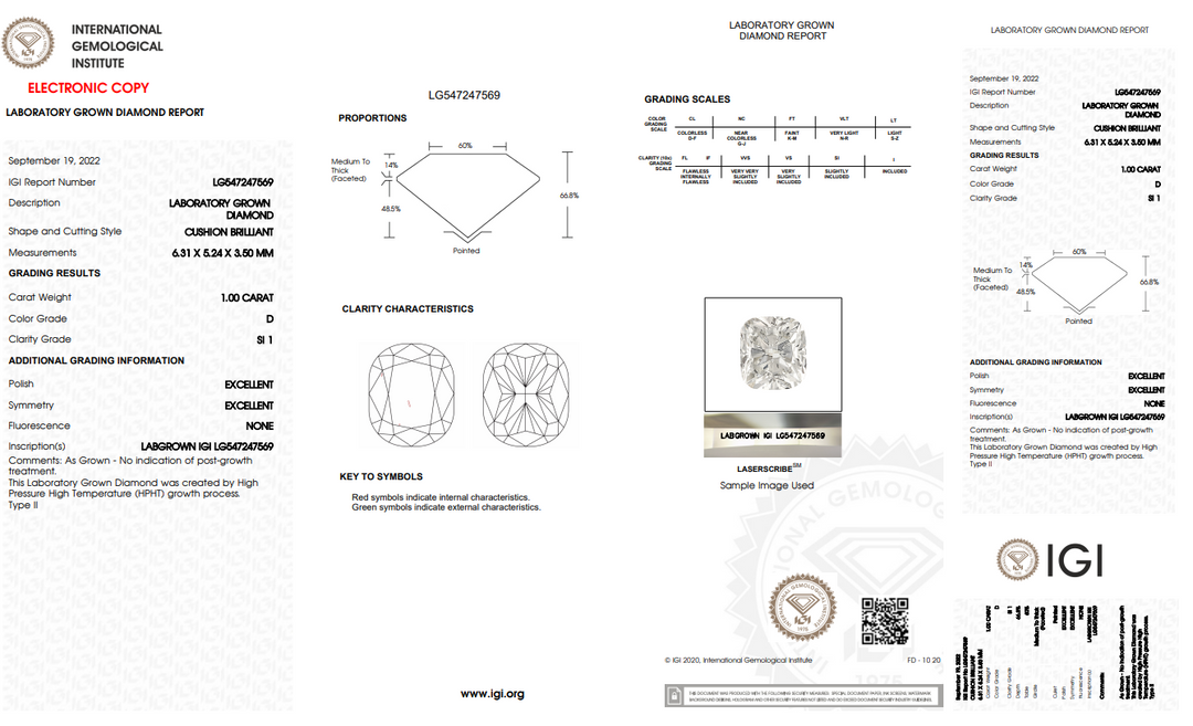 DIAMANT CULTIVÉ EN LABORATOIRE LONG COUSSIN DE 1,00 CT CERTIFIÉ IGI, CLARTÉ SI1, COULEUR D