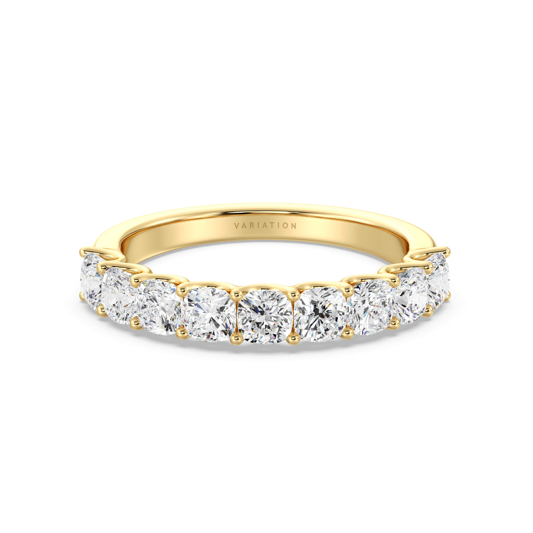 Image of a 9-stone cushion-cut lab-grown diamond scallop half-eternity wedding ring in 18K yellow gold, showcasing nine cushion-cut diamonds set in a secure, low-profile prong setting