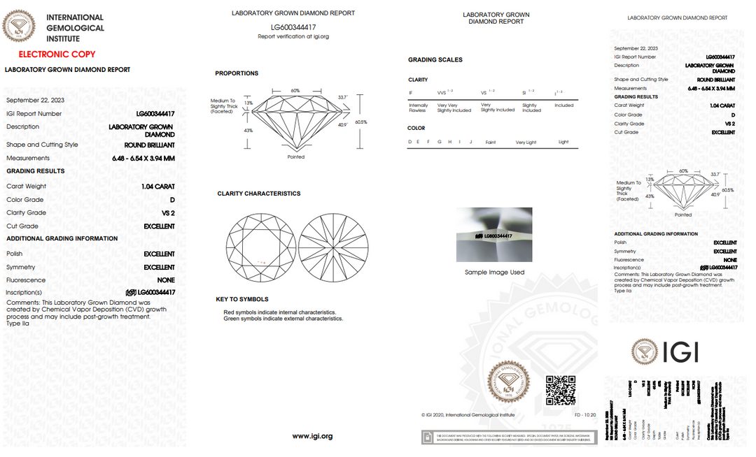 IGI CERTIFIED 1.04 CT ROUND LAB-GROWN DIAMOND - VS2 CLARITY