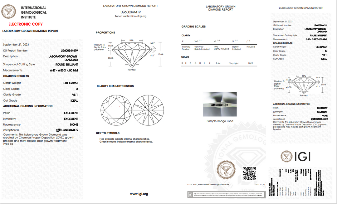 DIAMANTE CRECIDO EN LABORATORIO REDONDO DE 1,04 CT CON CERTIFICACIÓN IGI, CLARIDAD VS1