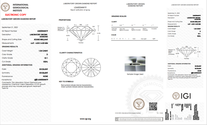 DIAMANTE CRECIDO EN LABORATORIO REDONDO DE 1,04 CT CON CERTIFICACIÓN IGI, CLARIDAD VS1