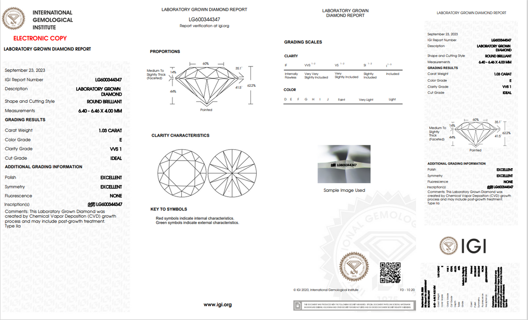 DIAMANTE CRECIDO EN LABORATORIO REDONDO DE 1,03 CT CON CERTIFICACIÓN IGI, CLARIDAD VVS1