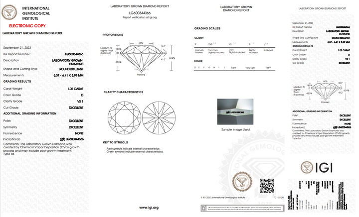 IGI CERTIFIED 1.02 CT ROUND LAB-GROWN DIAMOND | VS1 CLARITY | D COLOR