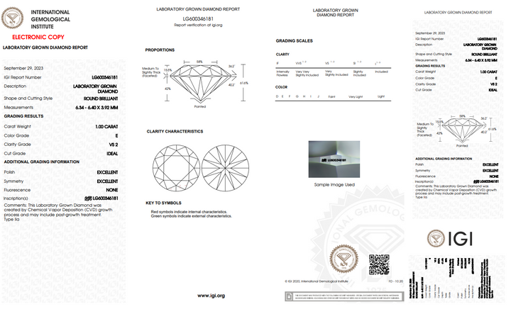 IGI CERTIFIED 1 CT ROUND LAB-GROWN DIAMOND, VS2 CLARITY, E COLOR