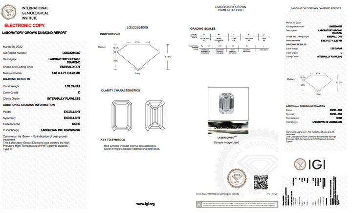 IGI CERTIFIED 1.03 CT EMERALD LAB GROWN DIAMOND - FLAWLESS (IF)